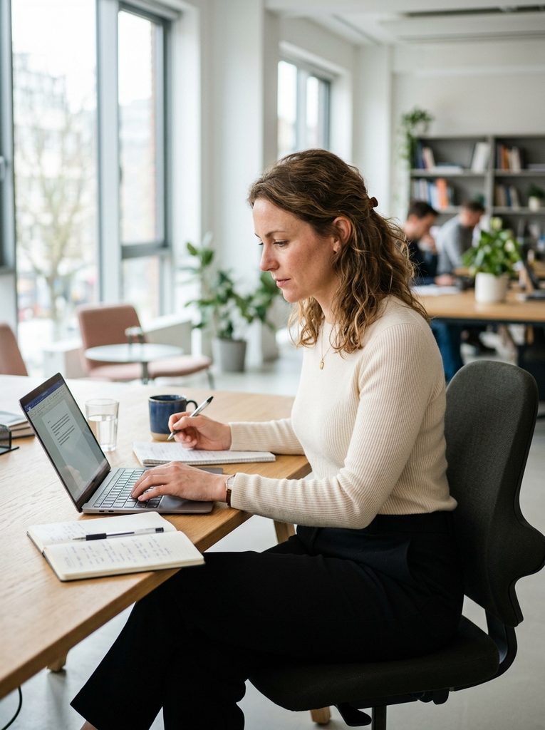 Woman wearing a sweater and tailored trousers as a relaxed office outfit formula
