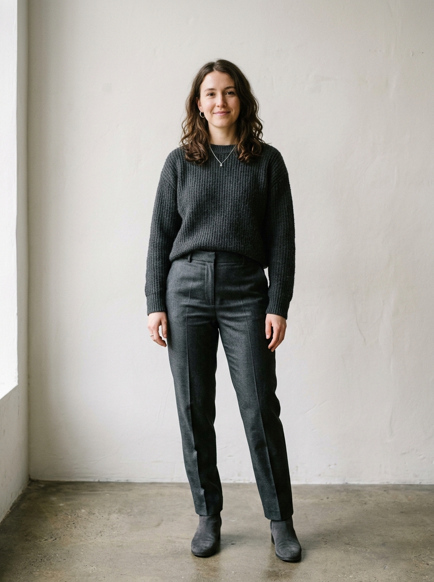 Woman styling a monochrome charcoal outfit as a low-effort office formula