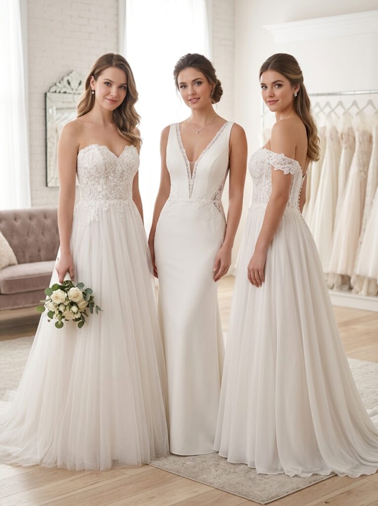 Three wedding dress bodices displayed showing sweetheart, V-neck, and off-the-shoulder necklines