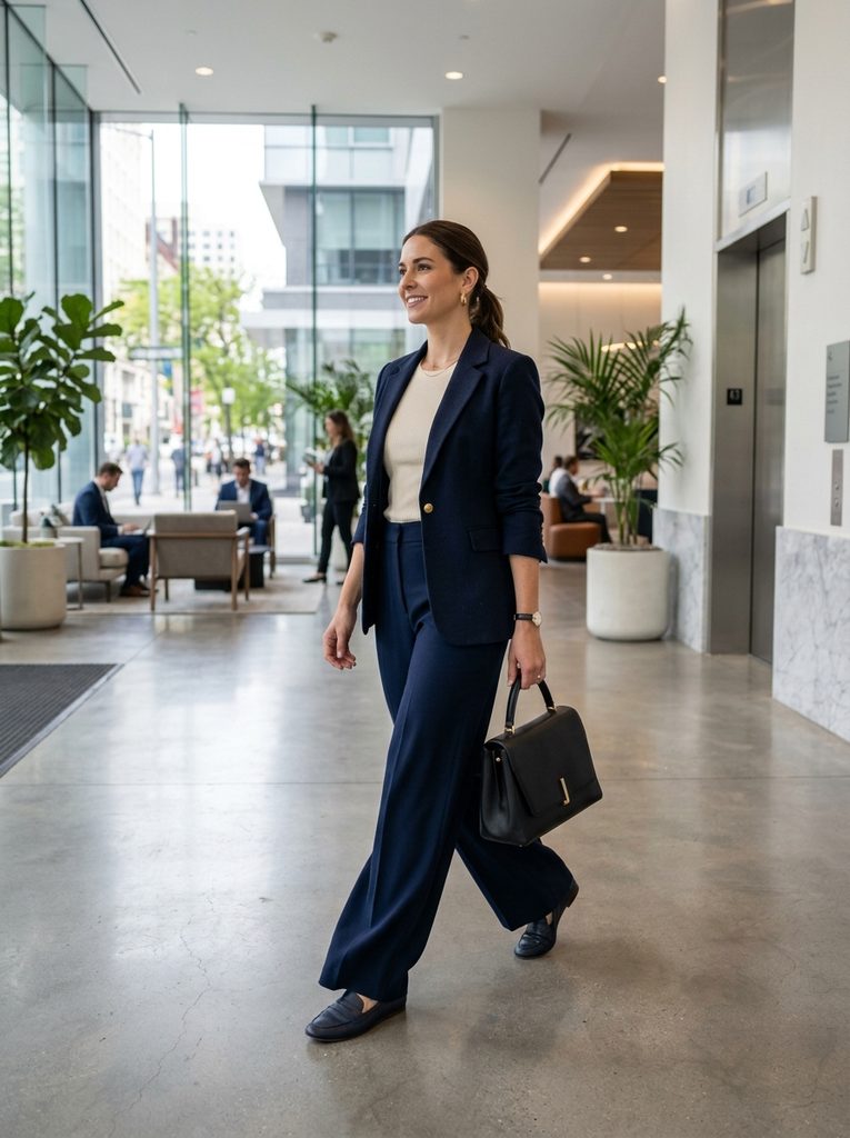 Woman wearing a trousers, blouse, and blazer office outfit formula in a modern office