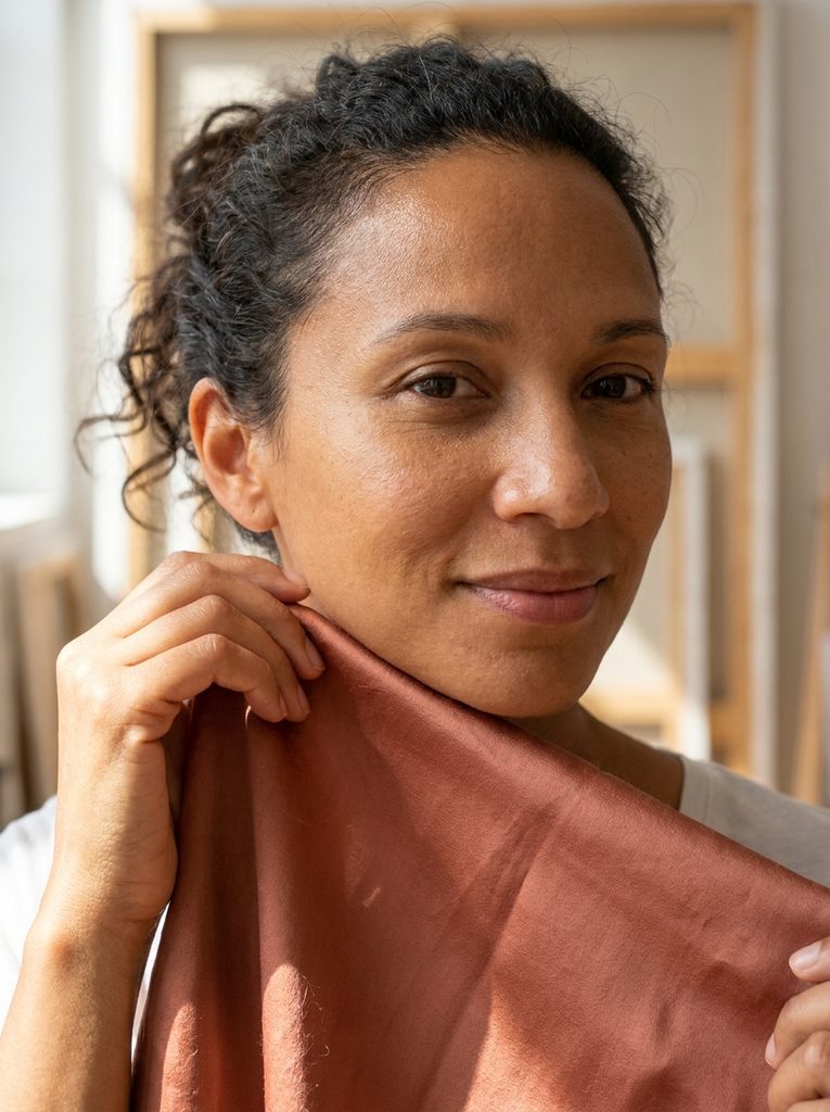 Woman with warm skin undertone holding a terracotta fabric swatch near her face