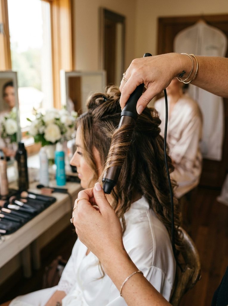 Hairstylist setting curls into bridal hair with texturizing product for hold