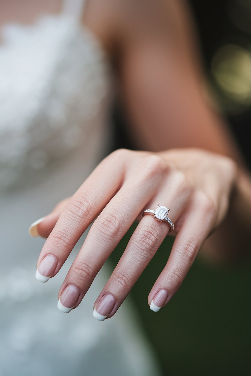 Macro wedding photograph of bride's hand and engagement ring with shallow depth of field
