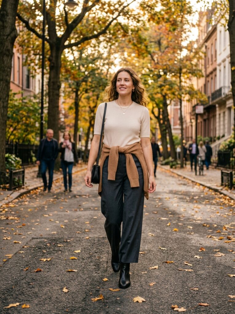 Woman dressed in layered transitional outfit walking outdoors in early autumn light
