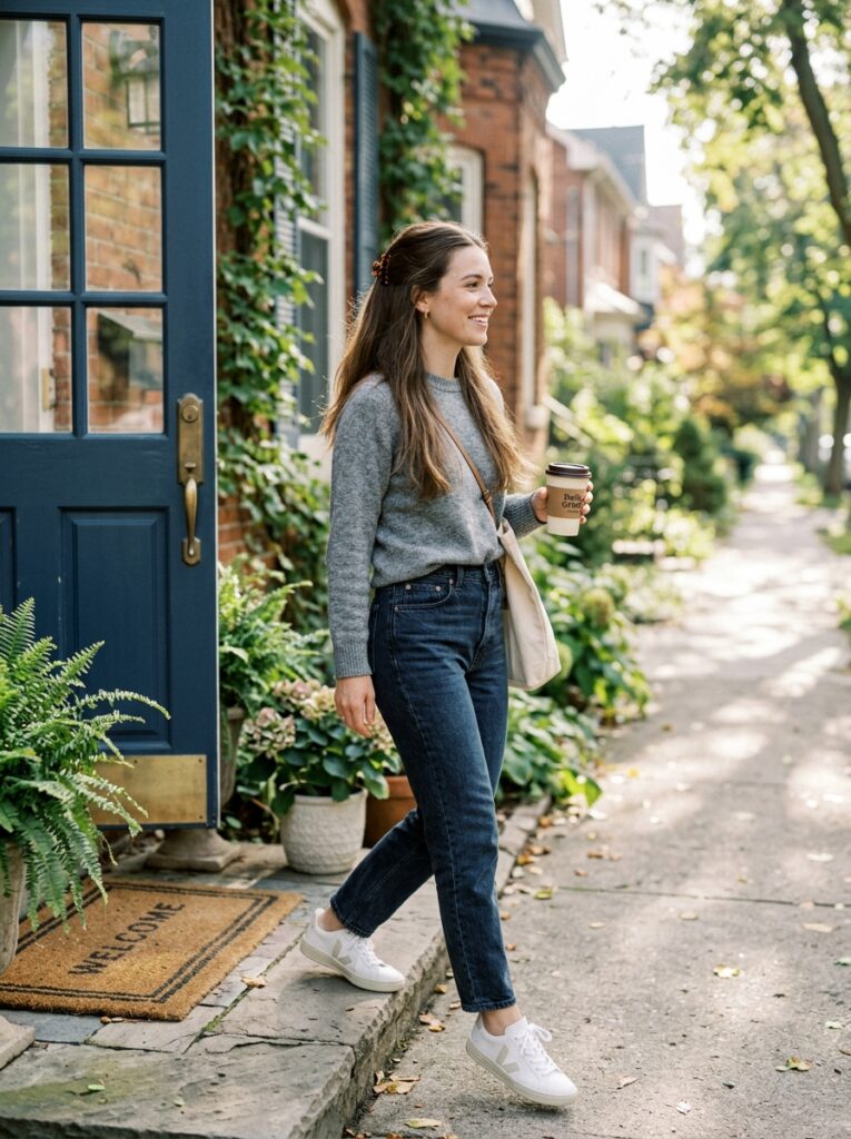 Woman heading out the door with a quick half-up hairstyle and coffee in hand