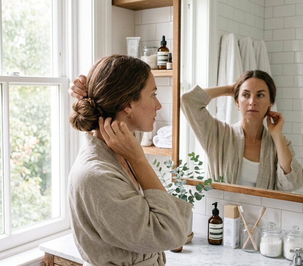 Woman styling a quick, easy low bun for a busy morning