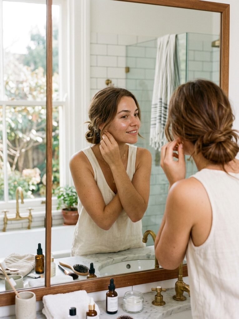 Woman styling a quick, easy low bun for a busy morning