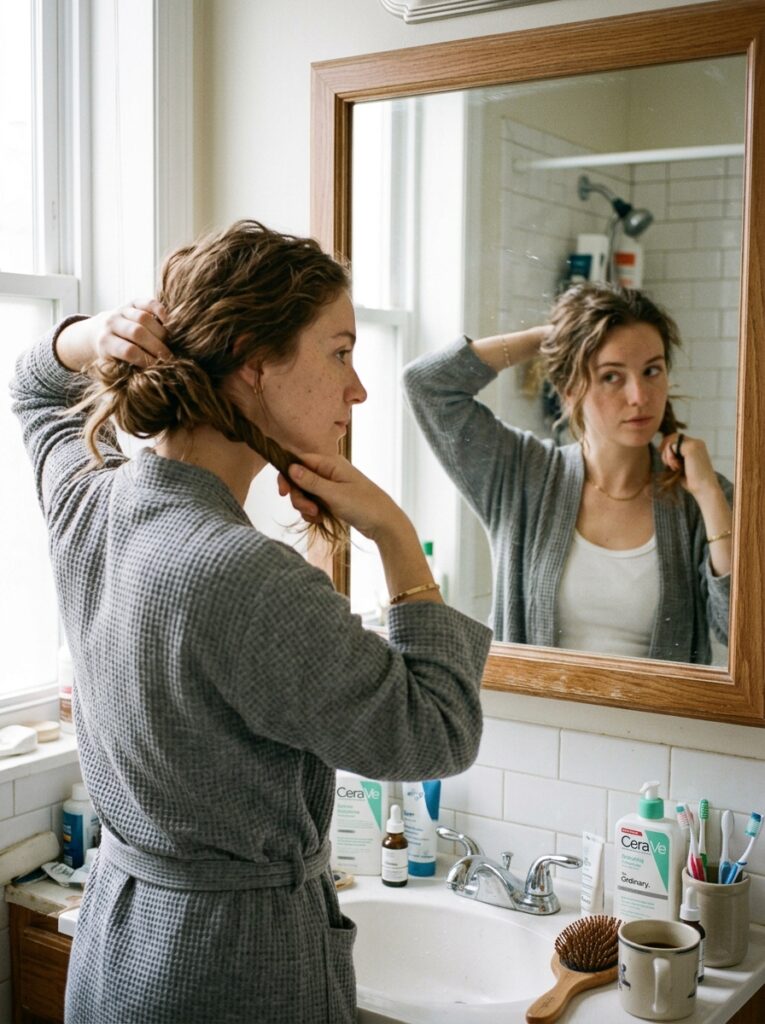 Woman styling a quick low bun in her long hair during a morning routine