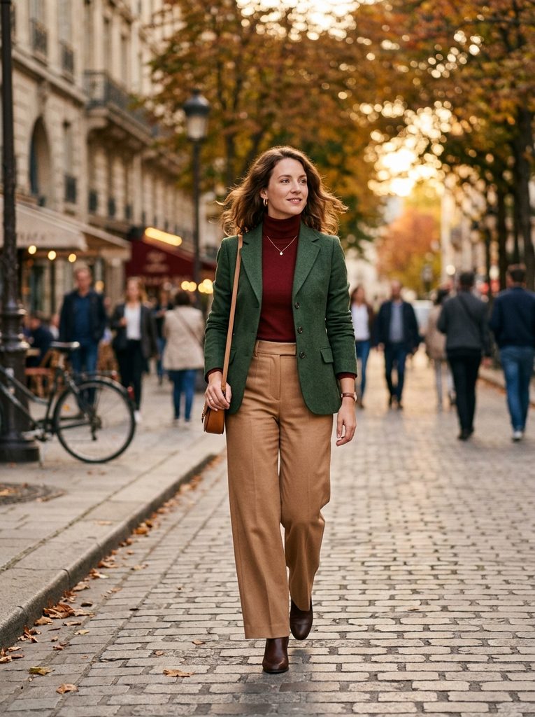 Woman styling an oxblood turtleneck with a green blazer as part of a fall outfit rotation