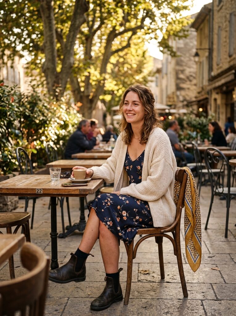 Woman wearing a slip dress layered with an oversized cardigan at an outdoor café