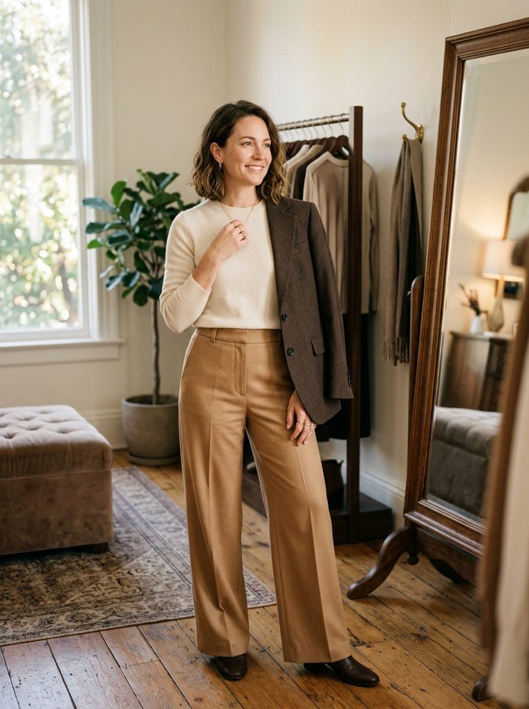 Woman wearing camel trousers, cream sweater, and espresso blazer from a fall capsule wardrobe