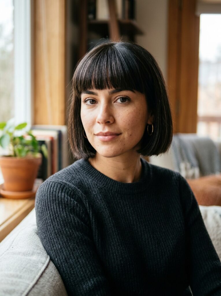 Woman with a blunt chin-length bob paired with full, blunt bangs
