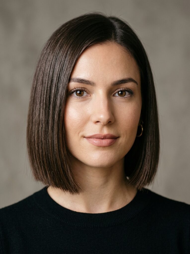 Woman with a sleek blunt bob haircut showing dense, healthy-looking ends