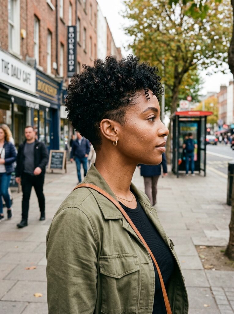 Woman with a tapered curly pixie haircut and subtle undercut