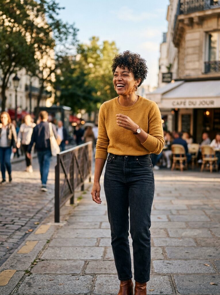 Woman with a voluminous curly pixie haircut laughing outdoors