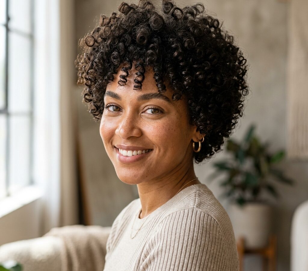 Woman with a voluminous, well-defined thick curly pixie haircut