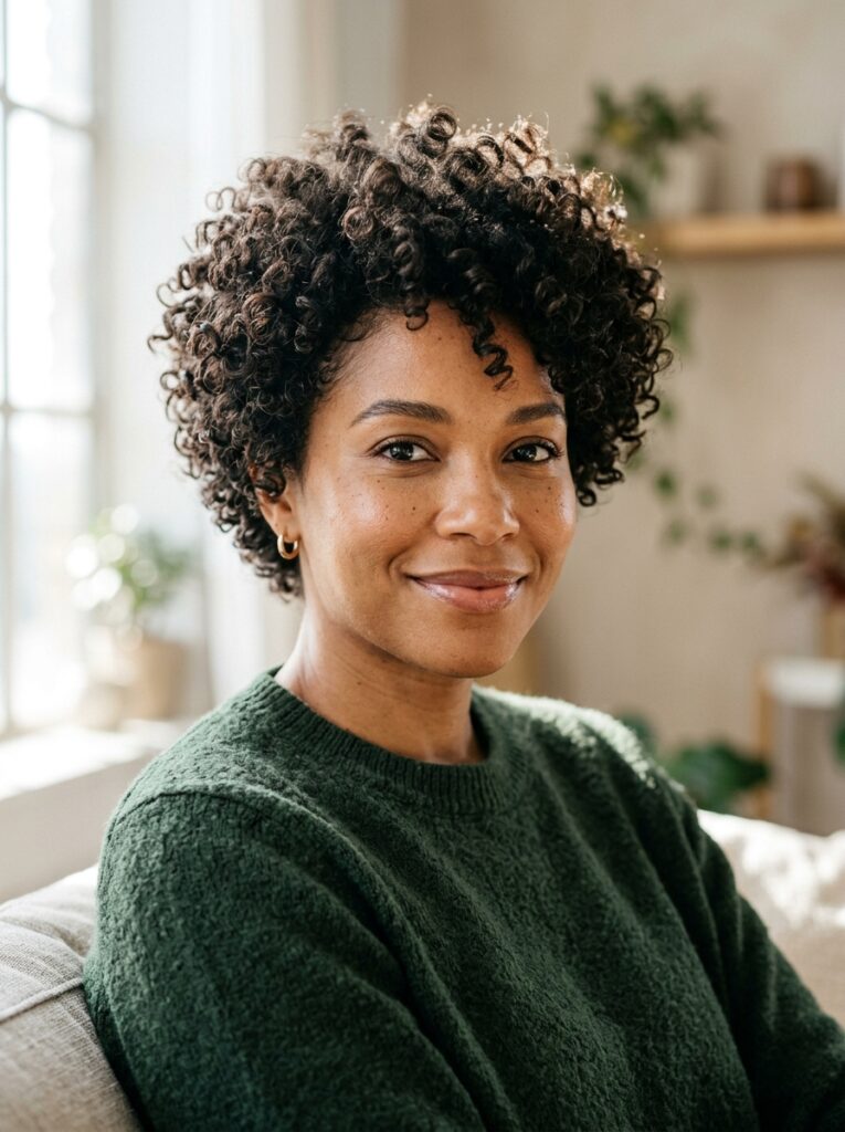 Woman with a voluminous, well-defined thick curly pixie haircut