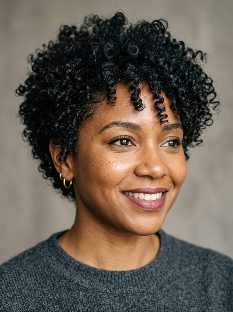 Woman with a well-defined thick curly pixie haircut showing natural curl texture
