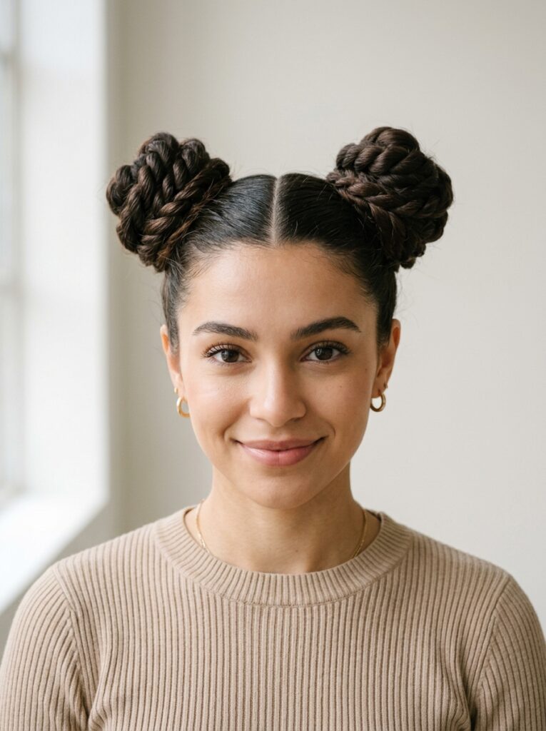 Woman with long hair styled in twisted space buns for a quick morning look