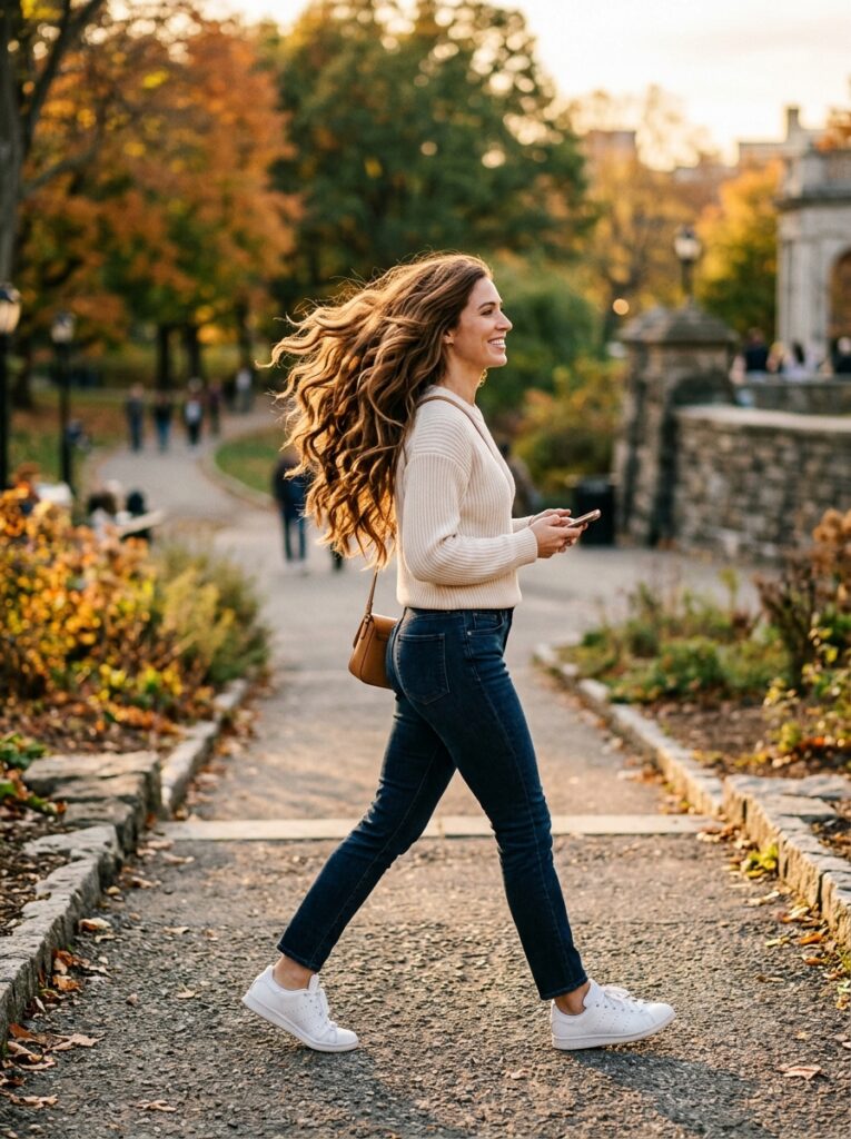 Woman with long, layered hair showing natural volume and movement outdoors