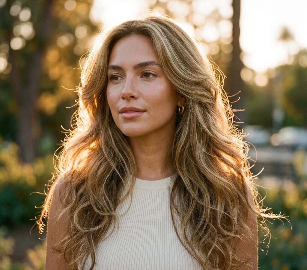 Woman with long, layered hairstyle showing volume for thin hair