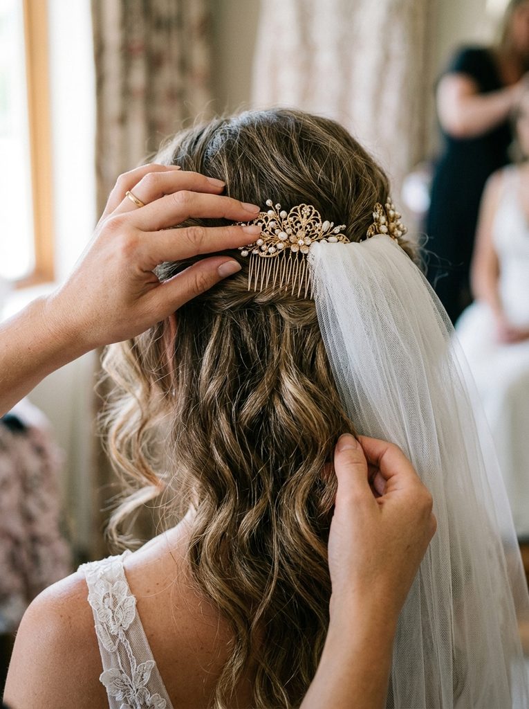 Close-up of a veil comb attached securely into down bridal hair
