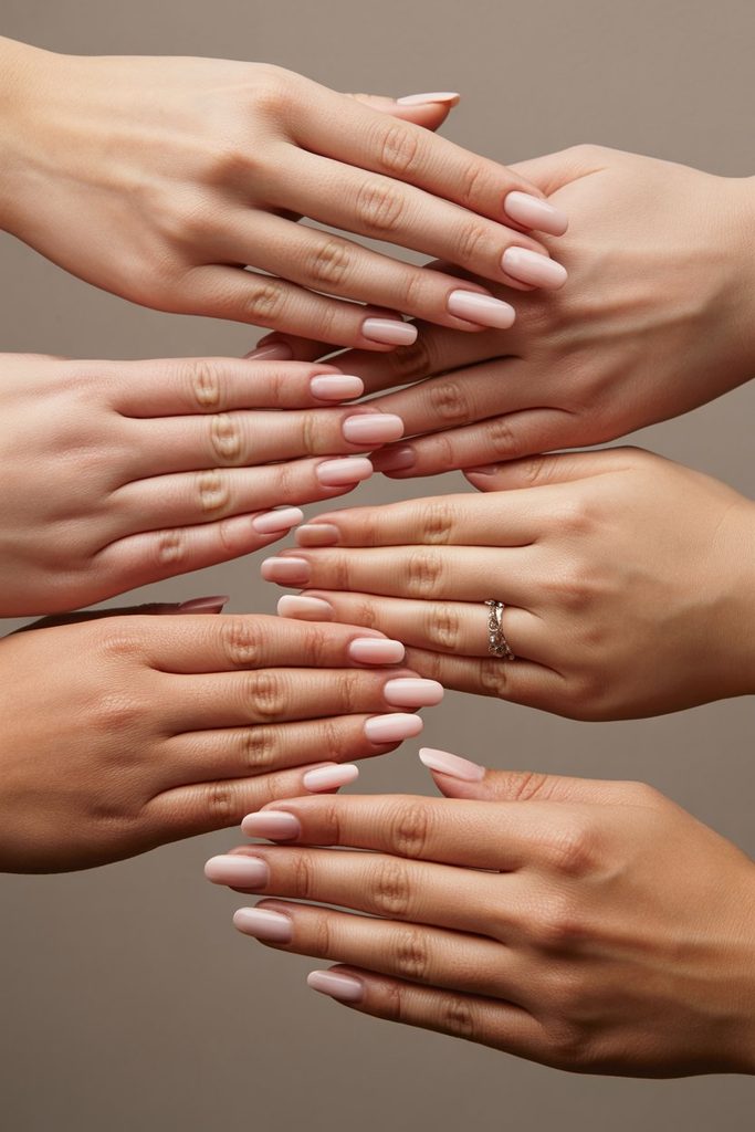 Five bridal nail shapes shown side by side including oval, squoval, round, almond, and coffin