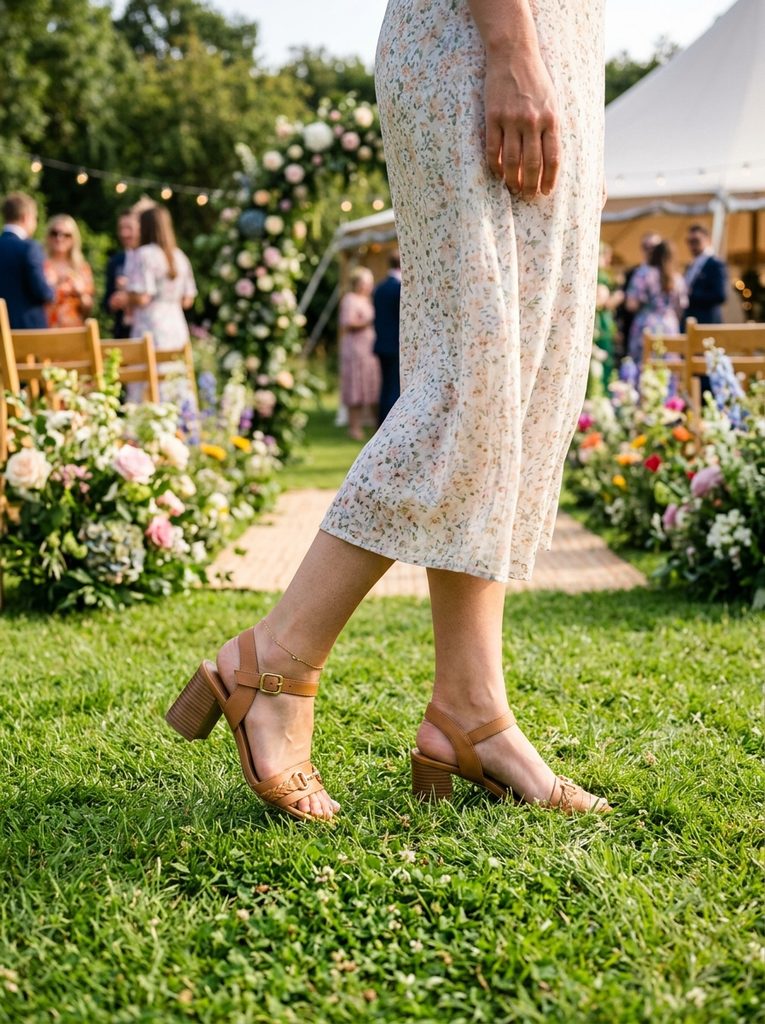 Block-heel sandals suited for grass and outdoor terrain at a summer wedding