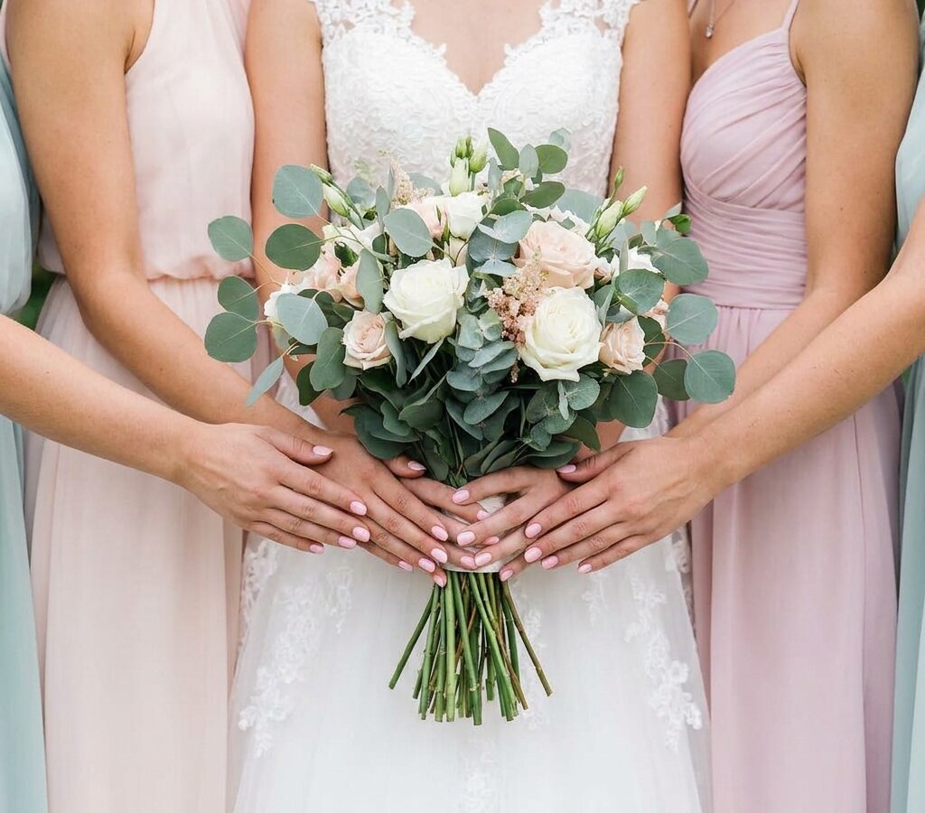 Bride and bridesmaids holding a bouquet with coordinated nail polish