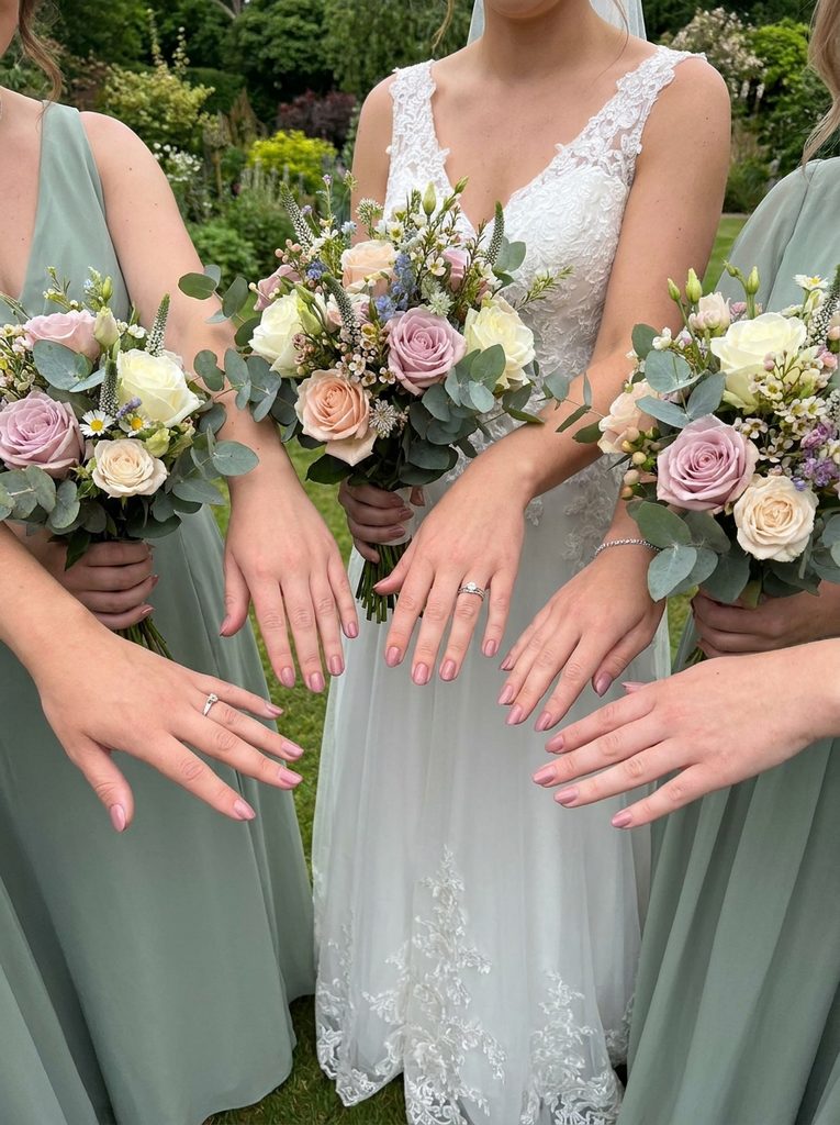 Bride and bridesmaids holding a bouquet with coordinated nail polish