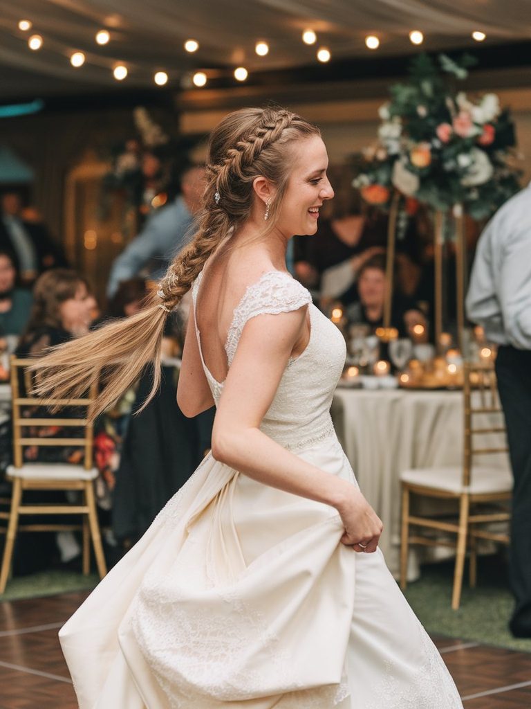 Bride dancing at her reception with an intact braided half-up hairstyle