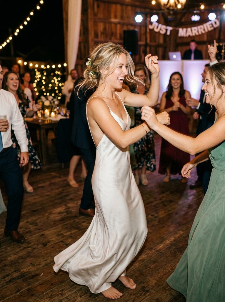 Bride dancing at her wedding reception in a lightweight second-look slip dress