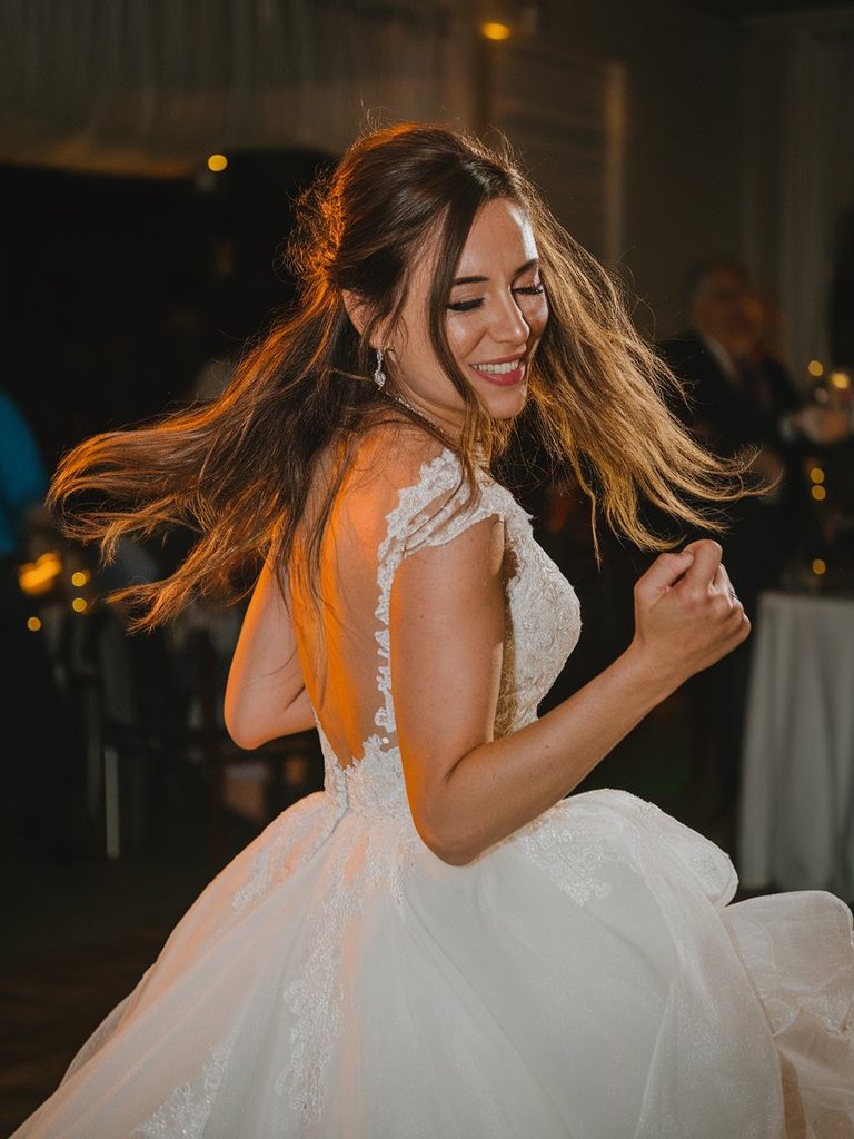 Bride dancing energetically with a half-up hairstyle in motion