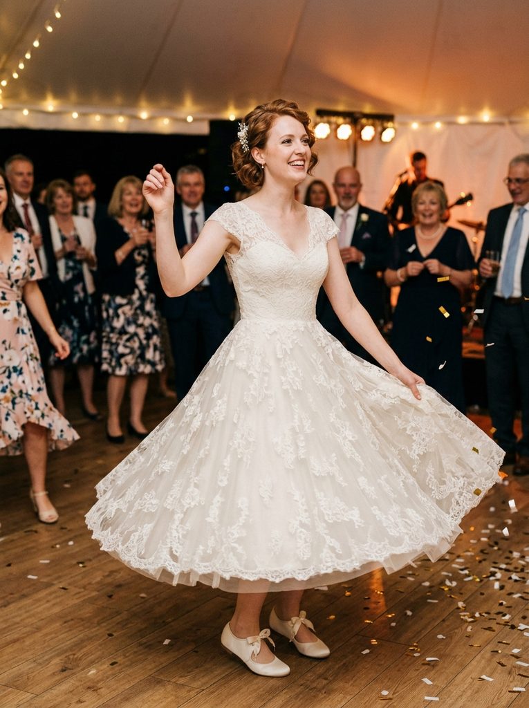 Bride dancing in a tea-length second-look wedding dress