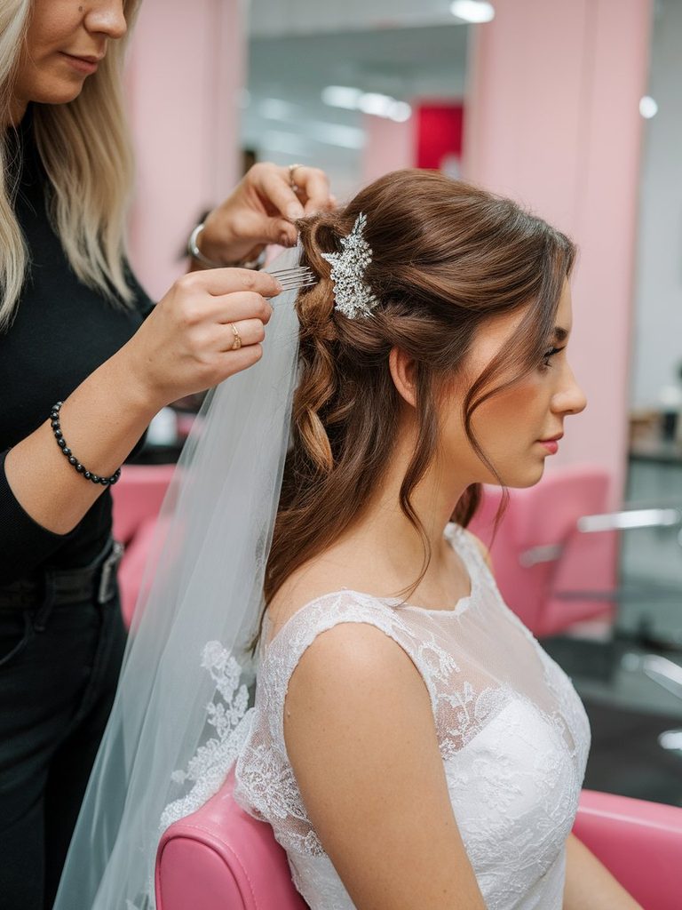 Bride during a hair trial with a stylist adjusting a veil comb