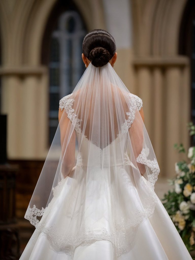 Bride from behind wearing a sleek low chignon with a cascading veil