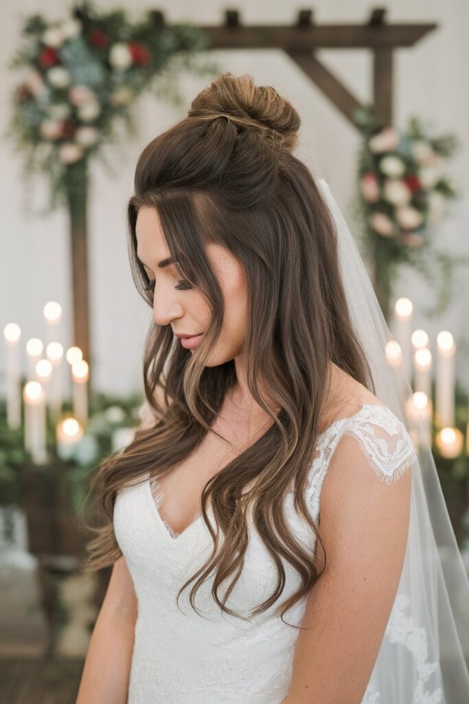 Bride's half-up hairstyle shown relaxed but intact later in the evening