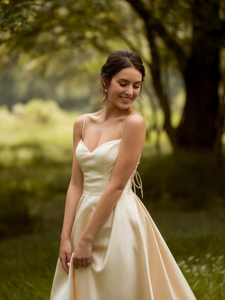 Bride in a champagne silk slip wedding dress in soft natural light