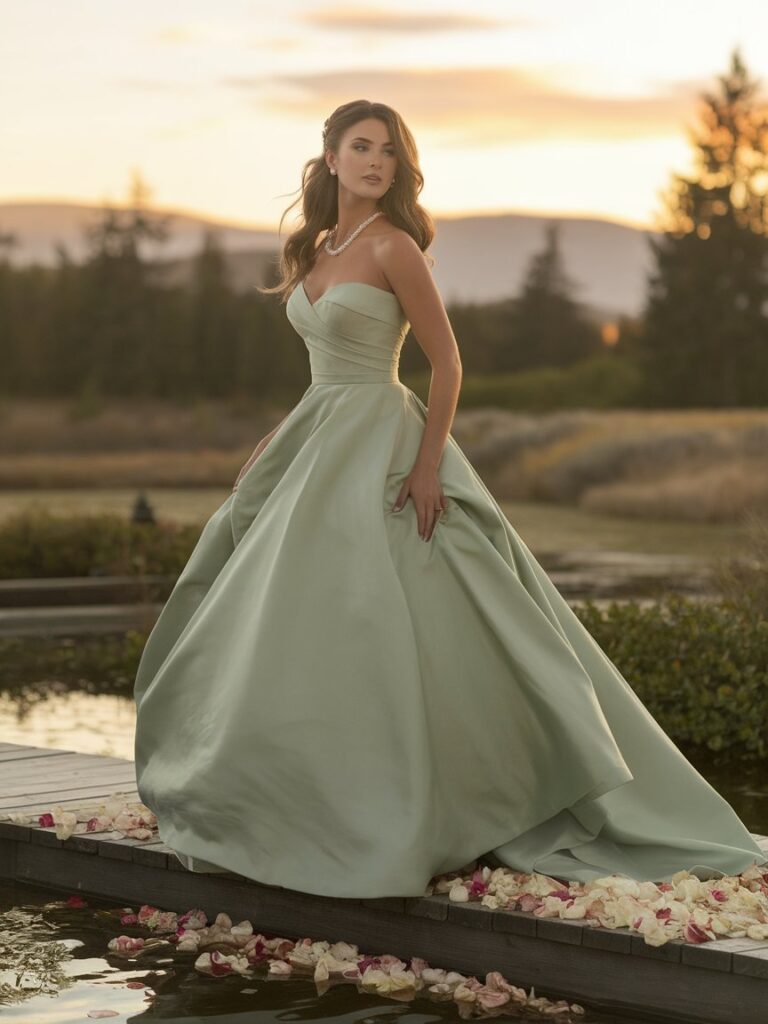 Bride in a sage green wedding gown outdoors during golden hour