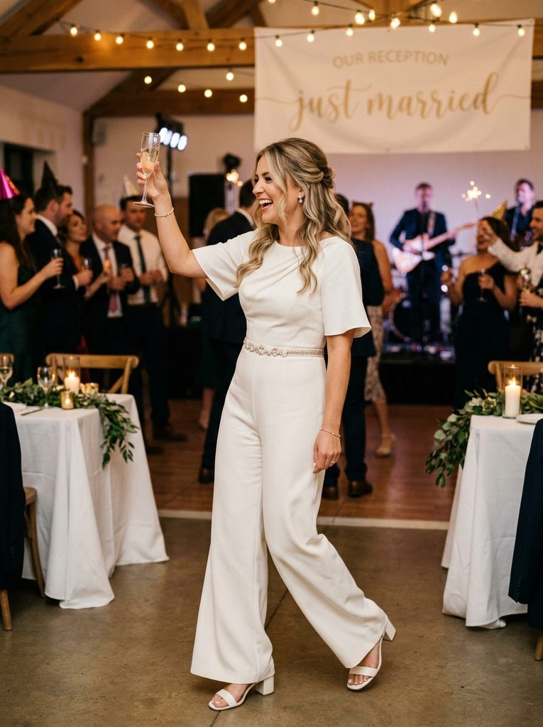 Bride wearing a bridal jumpsuit as a second reception look