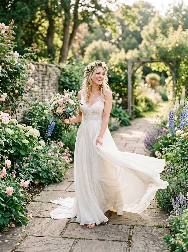 Bride wearing a flowing silk chiffon wedding gown in natural light