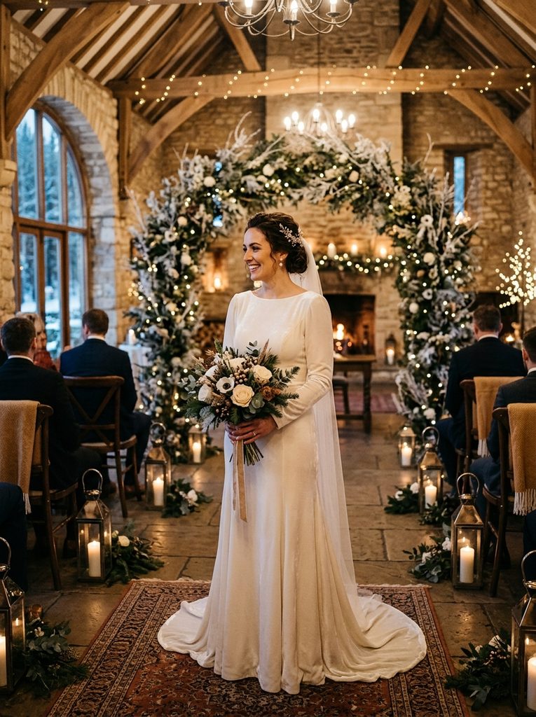 Bride wearing a velvet wedding gown at a winter ceremony venue