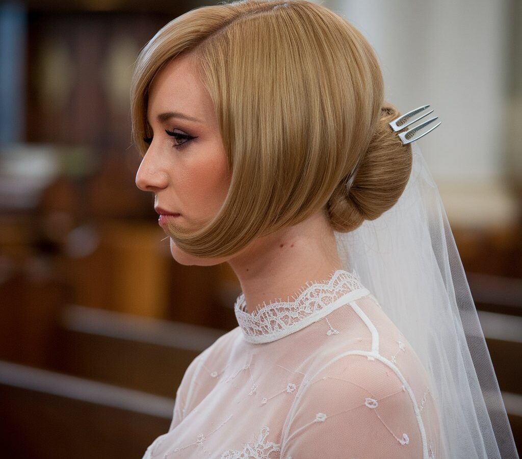 Bride with a chin-length bob styled into a sleek tucked chignon with a veil comb