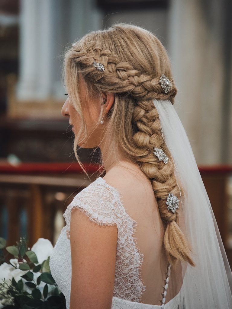 Bride with a half-up braided crown hairstyle and a veil attached at the braid