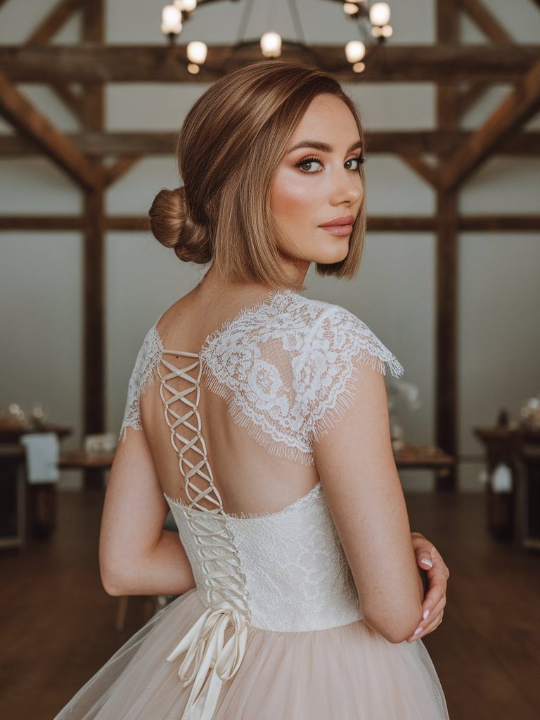 Bride with a low tucked chignon on bob-length hair