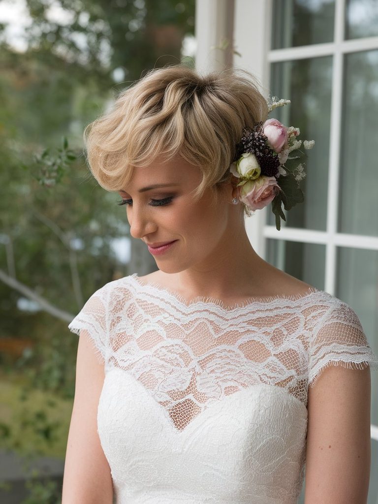 Bride with a short pixie haircut styled with defined waves