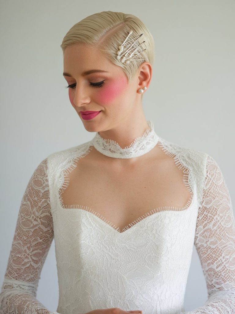 Bride with a slicked-back pixie haircut adorned with pearl pins