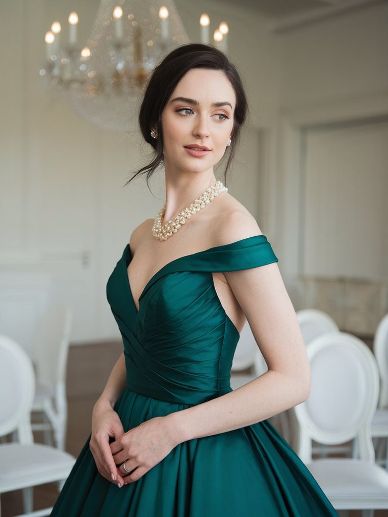 Bride with cool undertone wearing a deep emerald wedding gown indoors