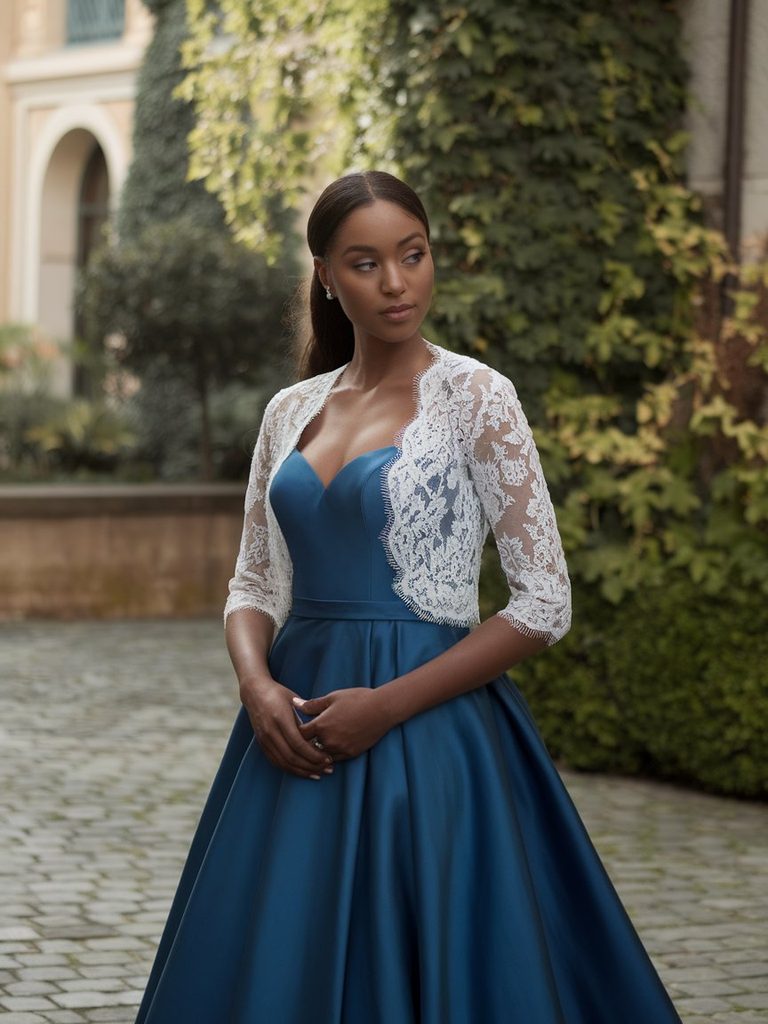 Bride with deep skin tone wearing a sapphire blue wedding gown