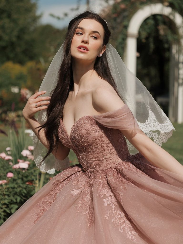 Bride with fair skin wearing a dusty rose wedding gown in a garden